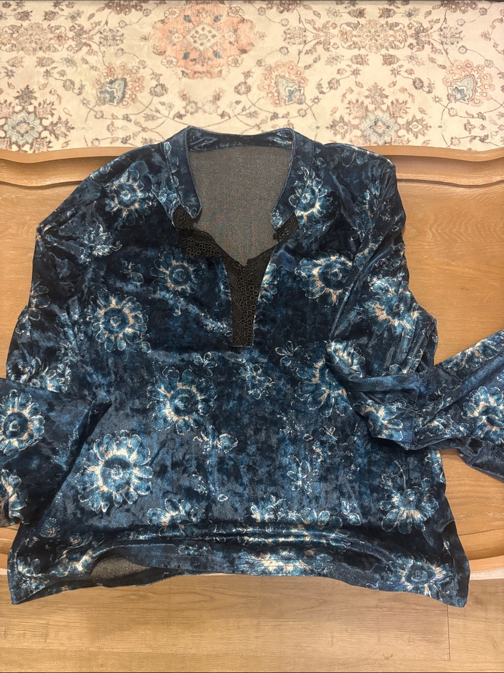 Velvet Floral Peasant Top in Deep Navy Blue